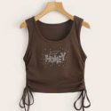 Letter Rhinestone Drawstring Tank Top