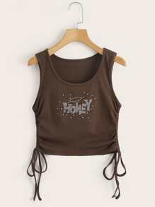 Letter Rhinestone Drawstring Tank Top