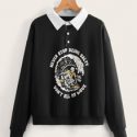 Letter Skull Graphic Polo Sweatshirt