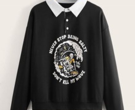 Letter Skull Graphic Polo Sweatshirt