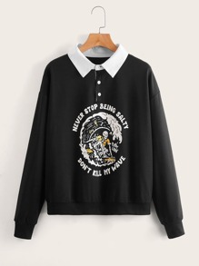 Letter Skull Graphic Polo Sweatshirt