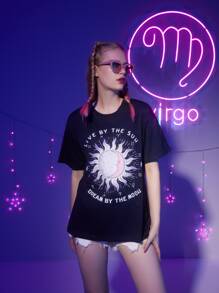 Letter Sun & Moon Graphic Oversized Tee