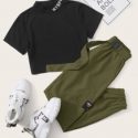 Letter Tape Crop Tee With Belted Cargo Pants