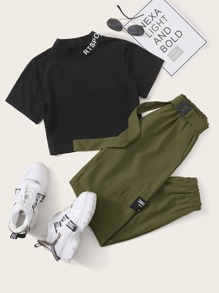 Letter Tape Crop Tee With Belted Cargo Pants