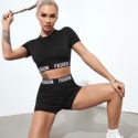 Letter Tape Crop Tee & Shorts Sports Set