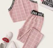 Letter Tape Grid Textured Halter Top and Leggings Set