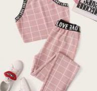 Letter Tape Grid Textured Halter Top and Leggings Set