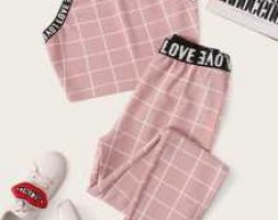 Letter Tape Grid Textured Halter Top and Leggings Set