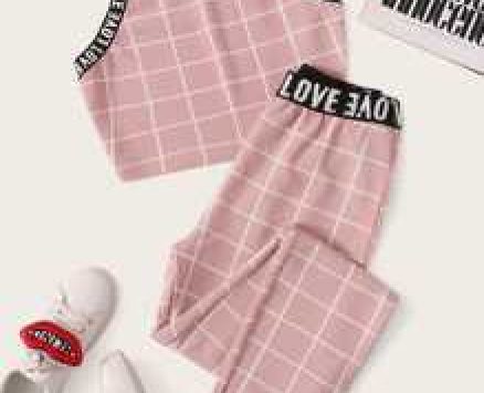 Letter Tape Grid Textured Halter Top and Leggings Set