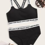 Letter Tape Trim Rib Lingerie Set