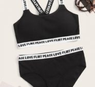 Letter Tape Trim Rib Lingerie Set