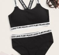 Letter Tape Trim Rib Lingerie Set