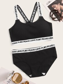 Letter Tape Trim Rib Lingerie Set