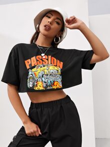 Letter & Car Print Crop Tee