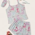 Letter & Cartoon Graphic Cami PJ Set With Eye Cover