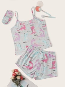 Letter & Cartoon Graphic Cami PJ Set With Eye Cover