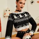 Letter & Cat Pattern Crop Sweater