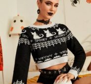 Letter & Cat Pattern Crop Sweater