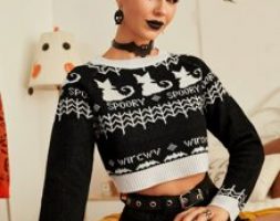Letter & Cat Pattern Crop Sweater