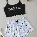 Letter & Galaxy Print Scallop Trimed Crop Cami Top & Shorts PJ Set