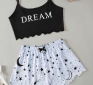 Letter & Galaxy Print Scallop Trimed Crop Cami Top & Shorts PJ Set