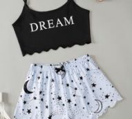 Letter & Galaxy Print Scallop Trimed Crop Cami Top & Shorts PJ Set