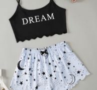 Letter & Galaxy Print Scallop Trimed Crop Cami Top & Shorts PJ Set