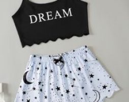 Letter & Galaxy Print Scallop Trimed Crop Cami Top & Shorts PJ Set