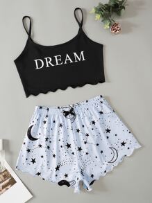 Letter & Galaxy Print Scallop Trimed Crop Cami Top & Shorts PJ Set