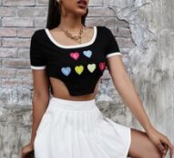 Letter & Heart Embroidery Contrast Binding Asymmetrical Hem Tee