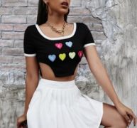 Letter & Heart Embroidery Contrast Binding Asymmetrical Hem Tee