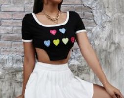 Letter & Heart Embroidery Contrast Binding Asymmetrical Hem Tee