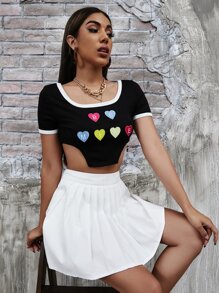 Letter & Heart Embroidery Contrast Binding Asymmetrical Hem Tee