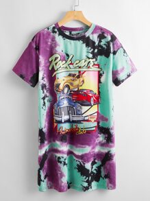 Letter and Car Print Tie Dye Tee Dress