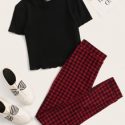 Lettuce Edge Tee and Buffalo Plaid Leggings Set