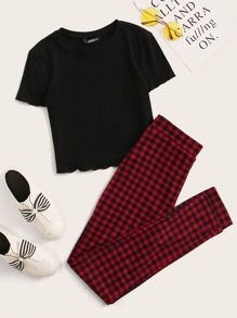 Lettuce Edge Tee and Buffalo Plaid Leggings Set