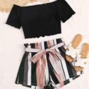 Lettuce Edge Tee and Paperbag Waist Striped Shorts Set