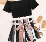 Lettuce Edge Tee and Paperbag Waist Striped Shorts Set