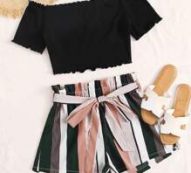 Lettuce Edge Tee and Paperbag Waist Striped Shorts Set