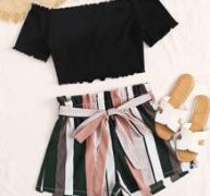 Lettuce Edge Tee and Paperbag Waist Striped Shorts Set