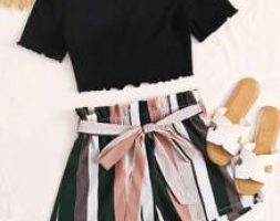 Lettuce Edge Tee and Paperbag Waist Striped Shorts Set