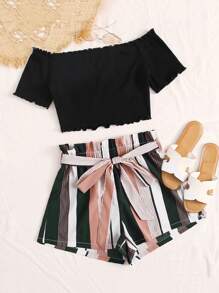 Lettuce Edge Tee and Paperbag Waist Striped Shorts Set