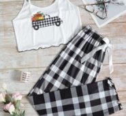 Lettuce Trim Car Print Top And Gingham Pants PJ Set