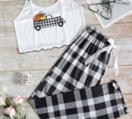 Lettuce Trim Car Print Top And Gingham Pants PJ Set