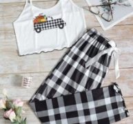 Lettuce Trim Car Print Top And Gingham Pants PJ Set