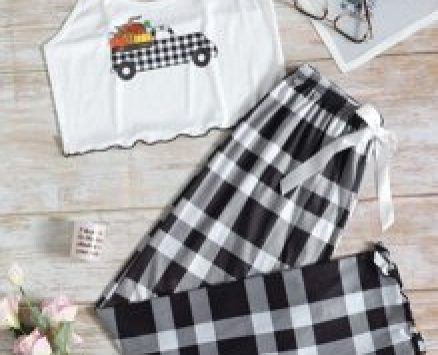 Lettuce Trim Car Print Top And Gingham Pants PJ Set