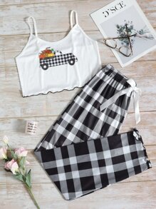 Lettuce Trim Car Print Top And Gingham Pants PJ Set