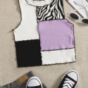 Lettuce Trim Contrast Stitch Patchwork Tank Top