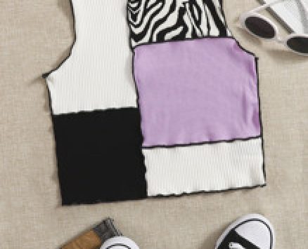 Lettuce Trim Contrast Stitch Patchwork Tank Top