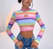Lettuce Trim Heart Cutout Rainbow Striped Top